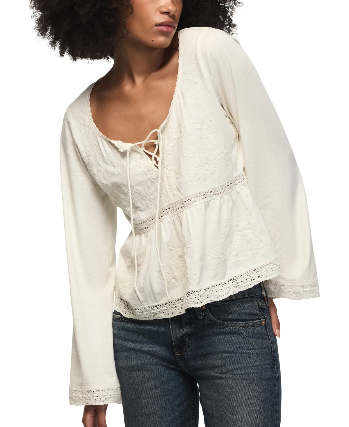 Trim Mix Lace-Up Long-Sleeve Babydoll Top by Lucky Brand