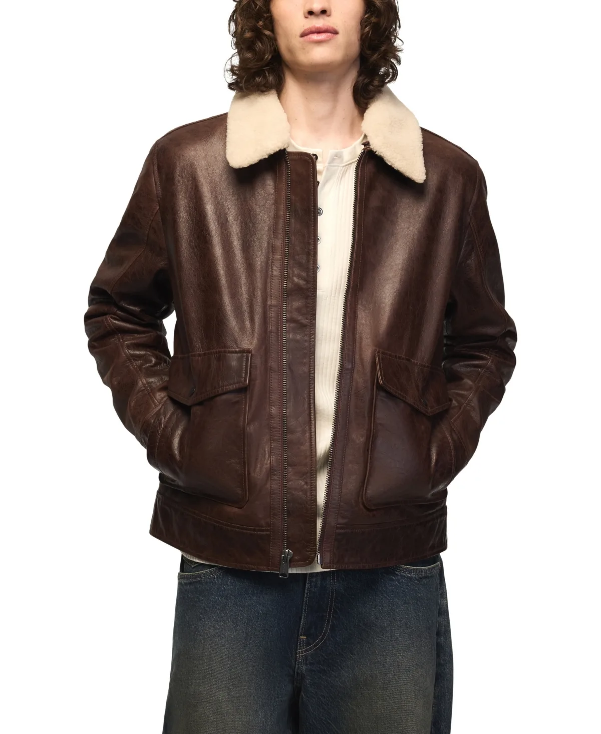 Aviator Faux Shearling Collar Regular-Fit Leather Jacket by Lucky Brand