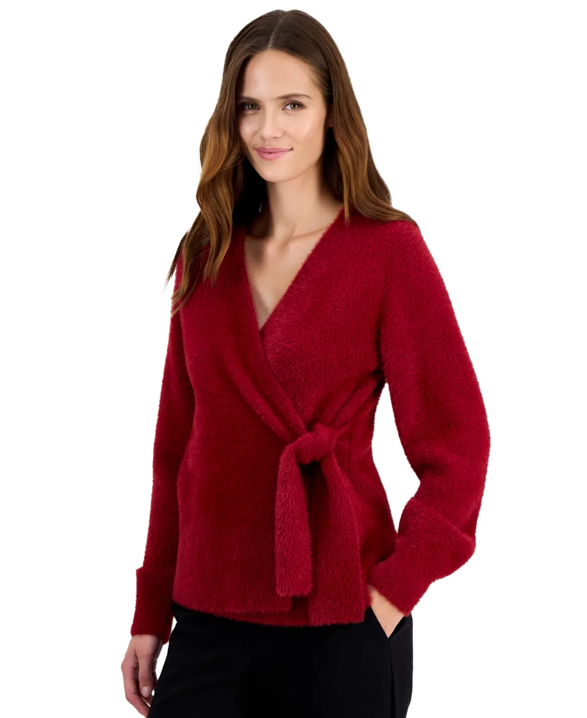 Eyelash Faux Wrap V-Neck Long-Sleeve Sweater by Anne Klein