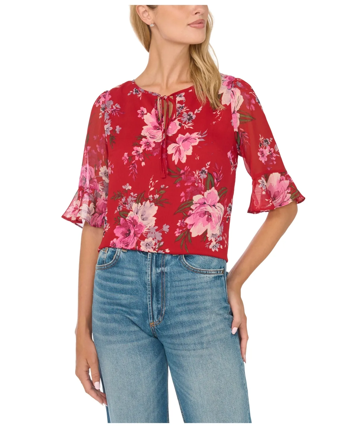 3/4-Sleeve Floral-Print Tie-Neck Blouse