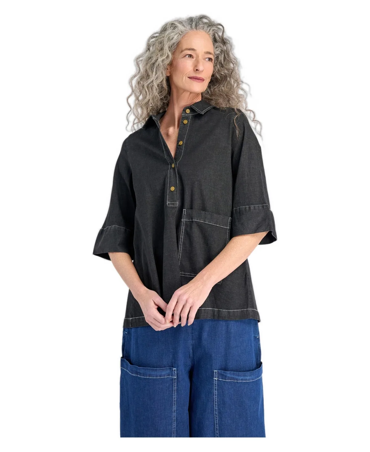 Myles 3/4-Length A-Line Denim Popover Shirt by Alembika