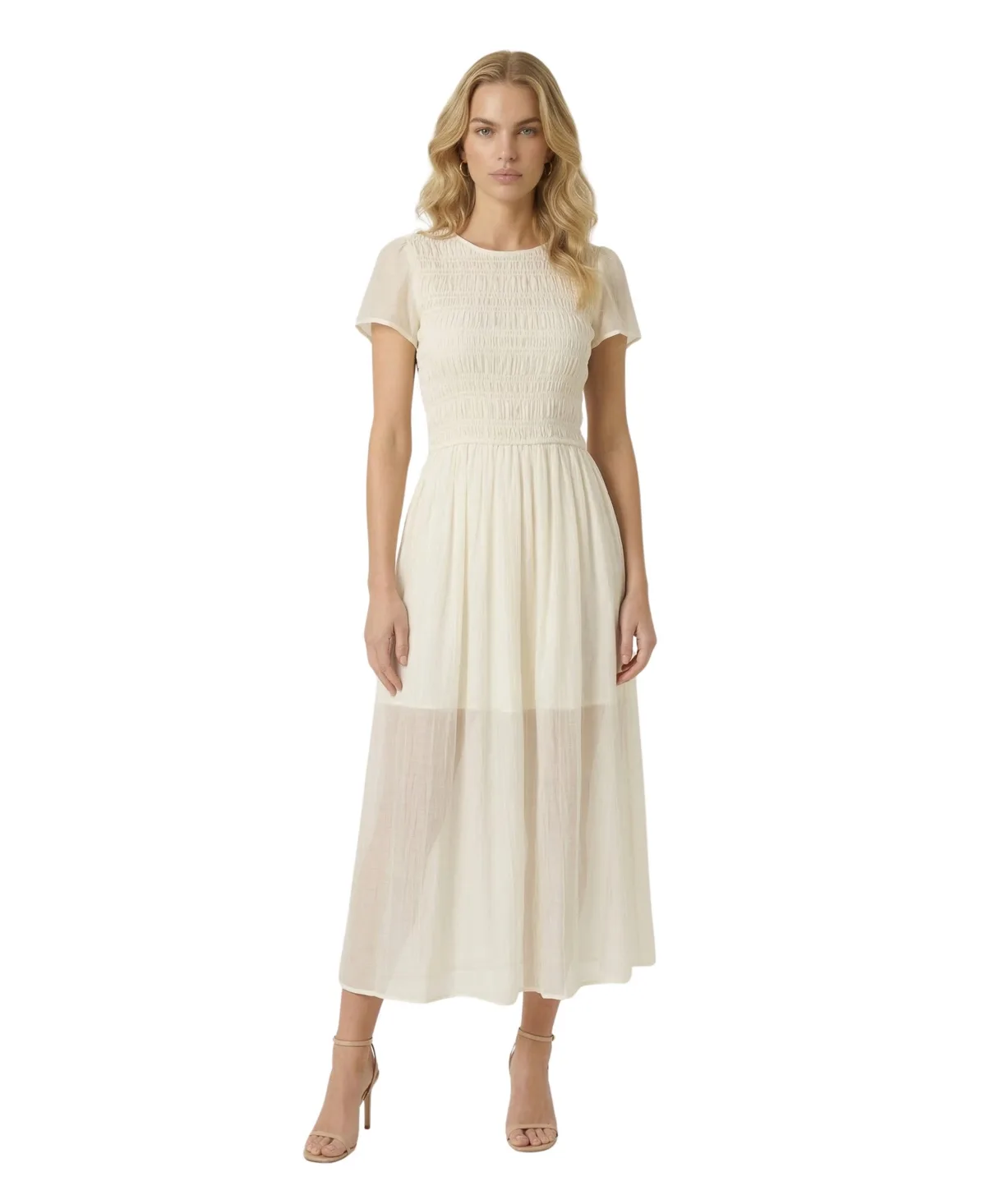 Sheer Overlay Smocked Bodice Midi Dress by Modenaire