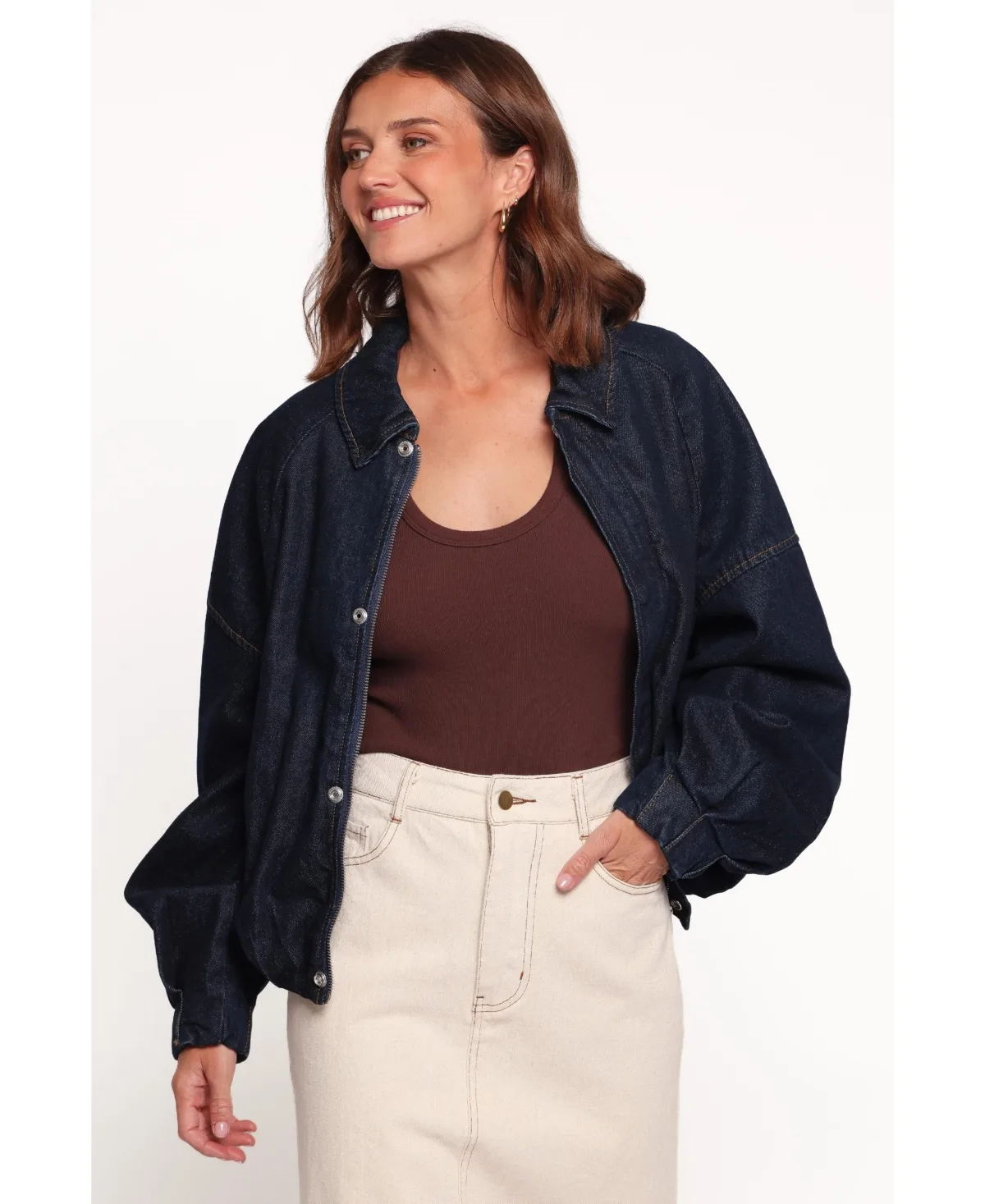 Janet Collared Lined Denim Bomber Jacket by Petal and Pup