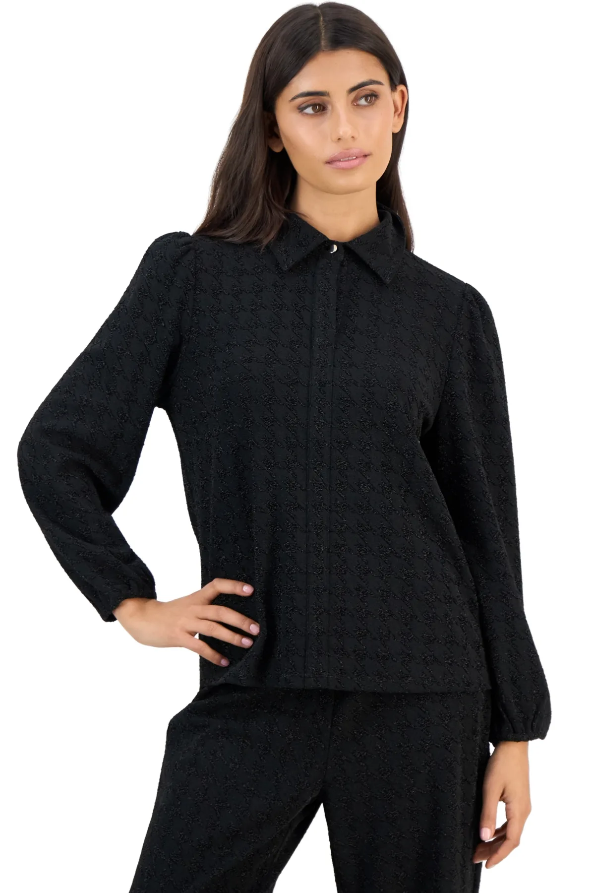 Essentials Houndstooth Puff-Sleeve Long-Sleeve Blouse by Anne Klein