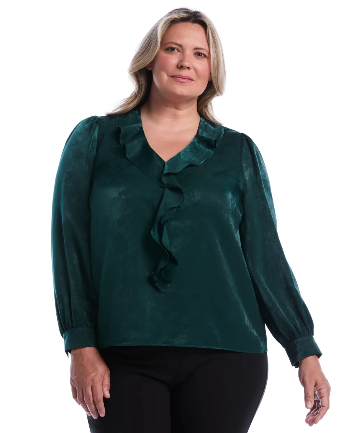 Puff-Sleeve Ruffle V Blouse by Rafaella