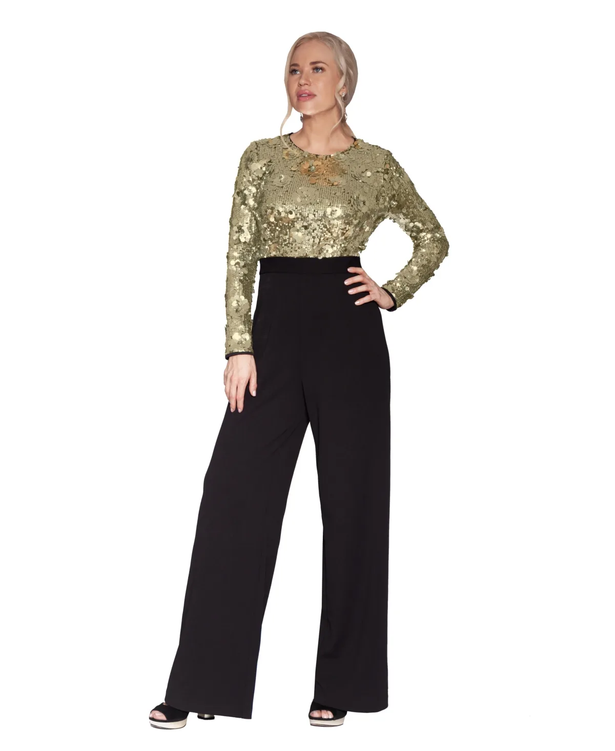 Sequin Long-Sleeve Wide-Leg Jumpsuit by White Tie by Shani