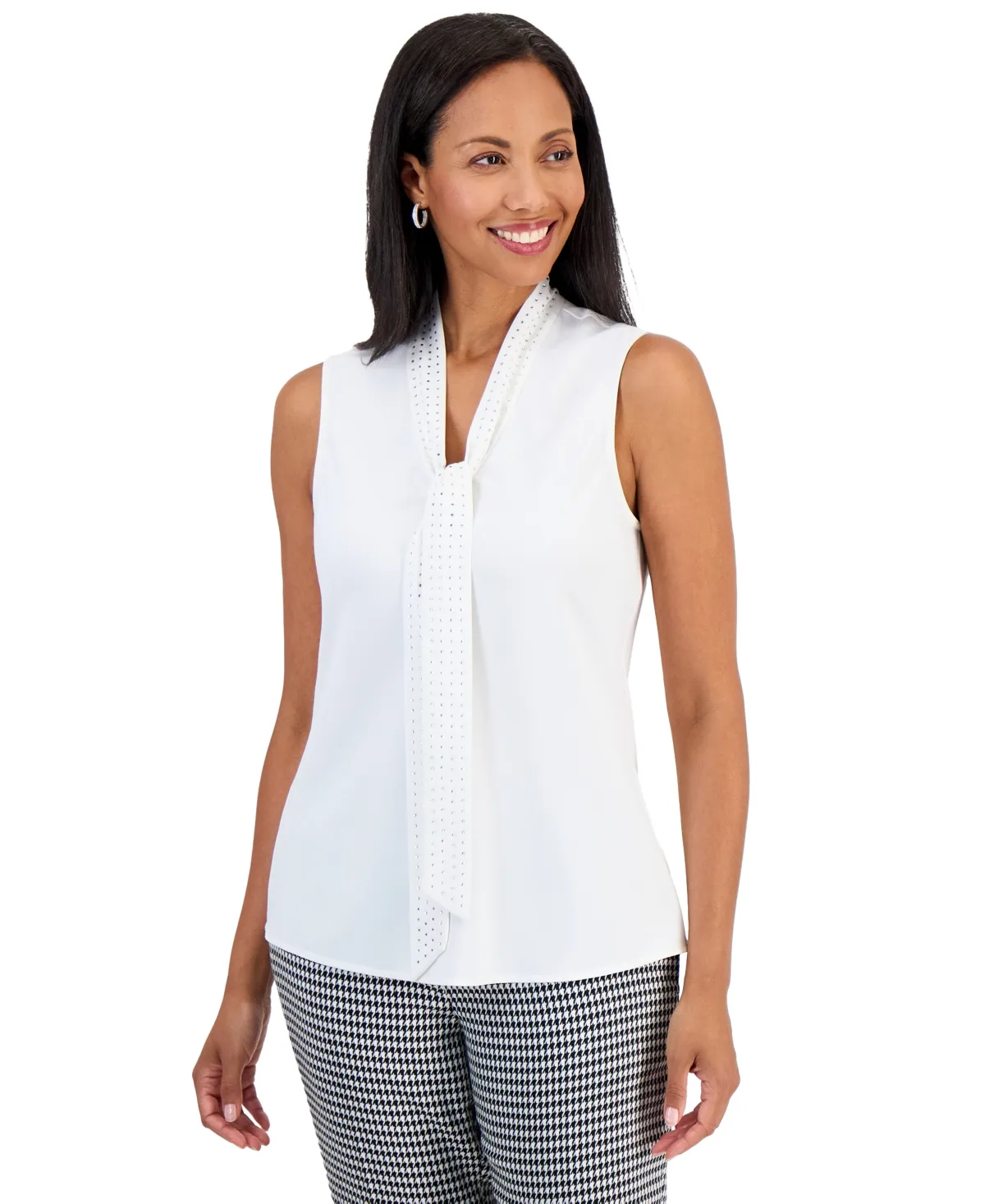 Sleeveless Georgette Tie Neck Embellished Blouse by Kasper