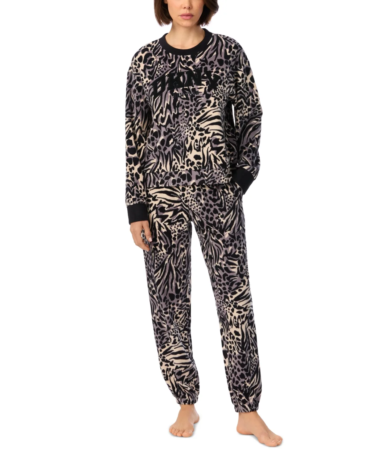 Long-Sleeve Animal-Print Fleece Top and Jogger Pants, 2-Piece Set by DKNY