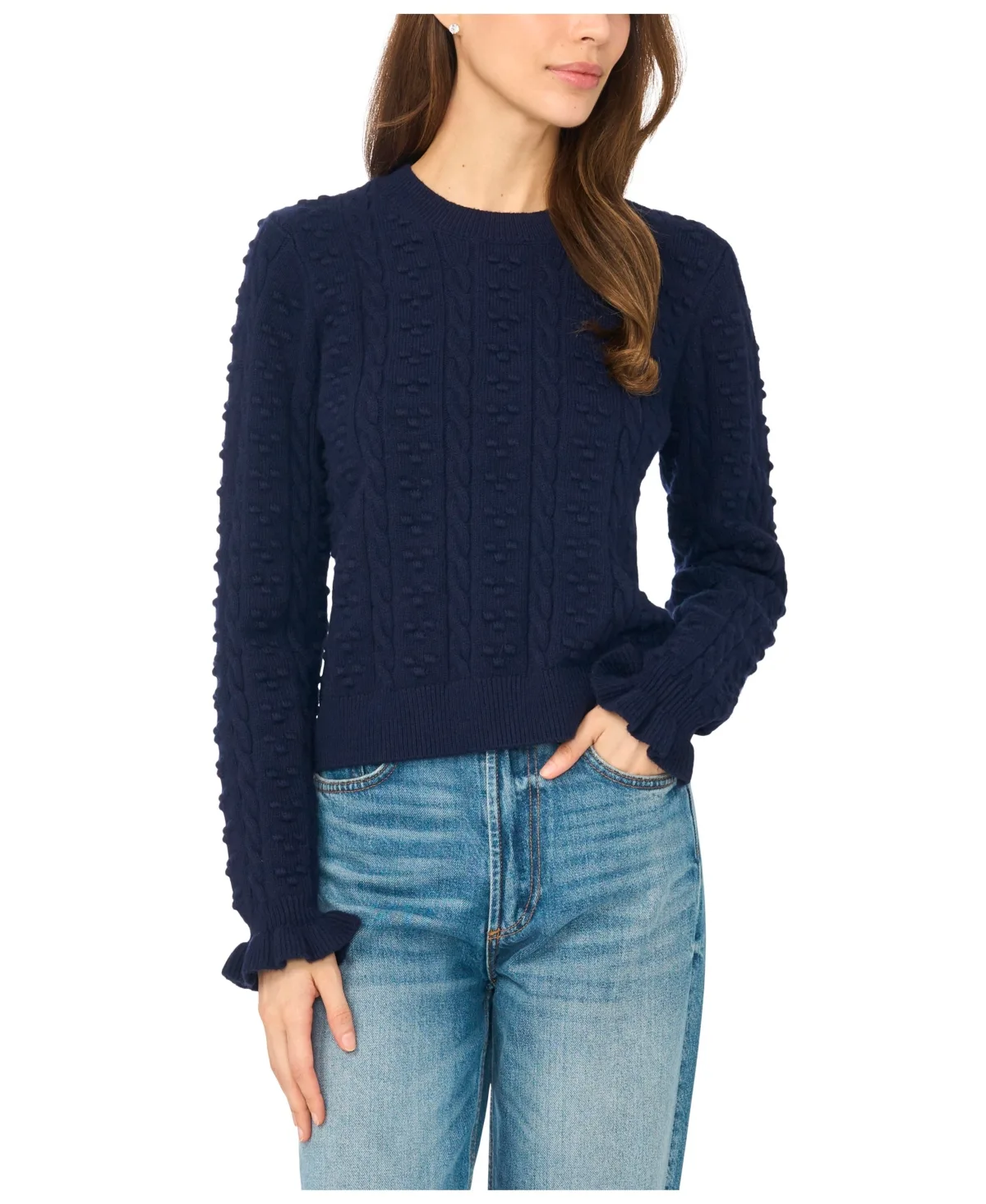 Cable-Knit Crewneck Ruffle-Trim Sweater by CeCe