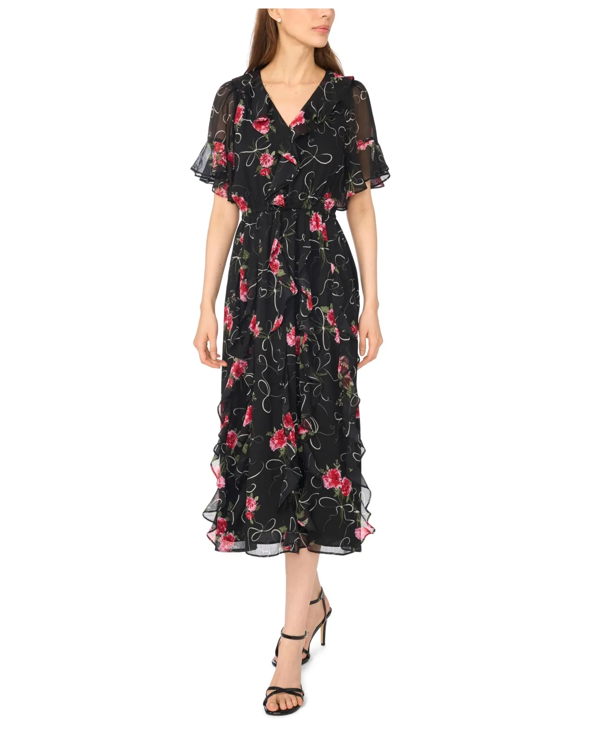 Waterfall Ruffle V-Neck Floral Midi Dress