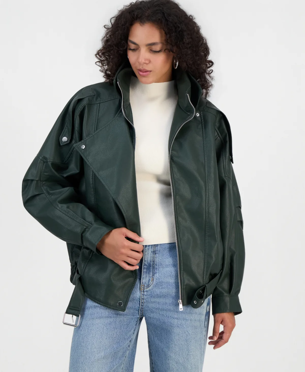 Faux-Leather Zip-Front Bomber Jacket