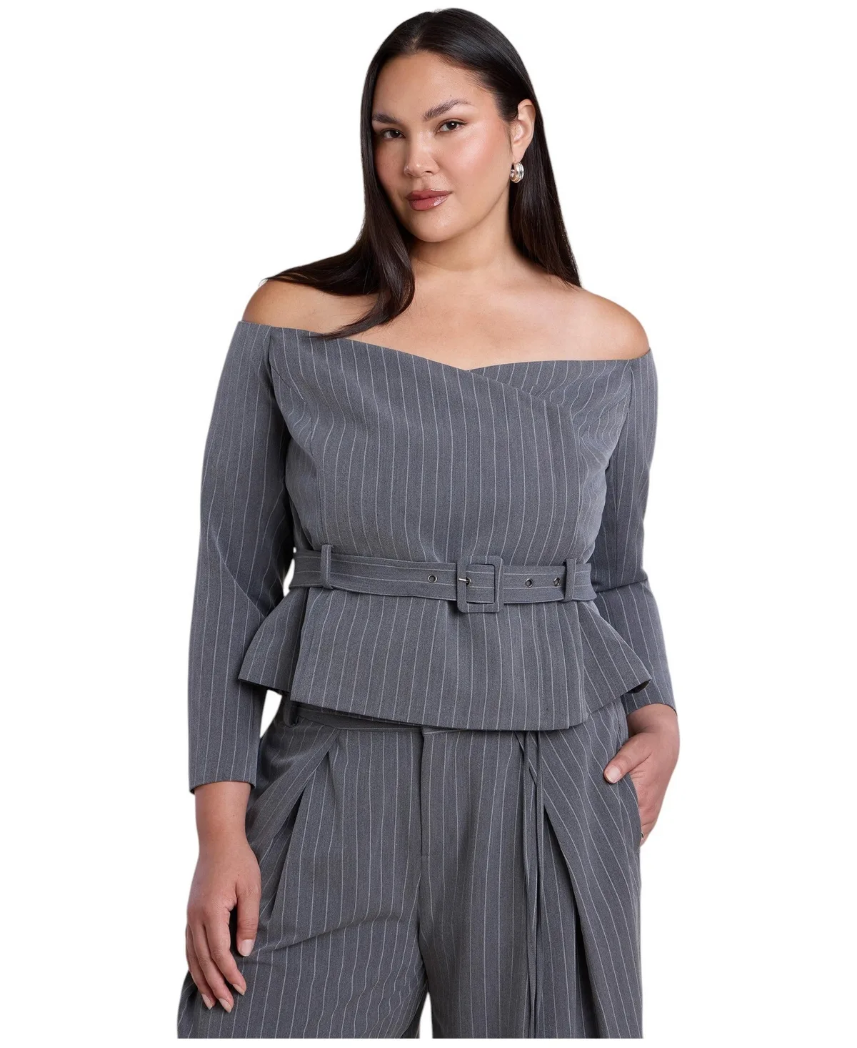 Off the Shoulder Belted Blazer Top by Eloquii