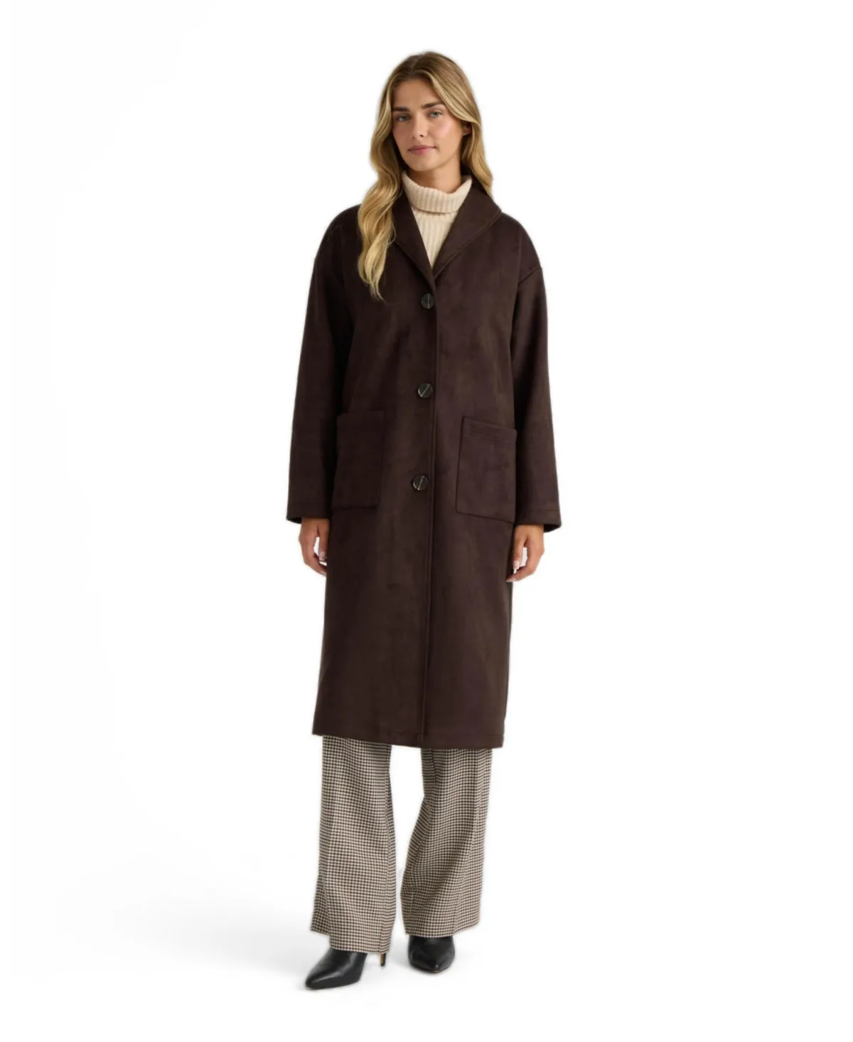 Oversized Longline Shawl-Collar Faux-Suede Coat by Nvlt