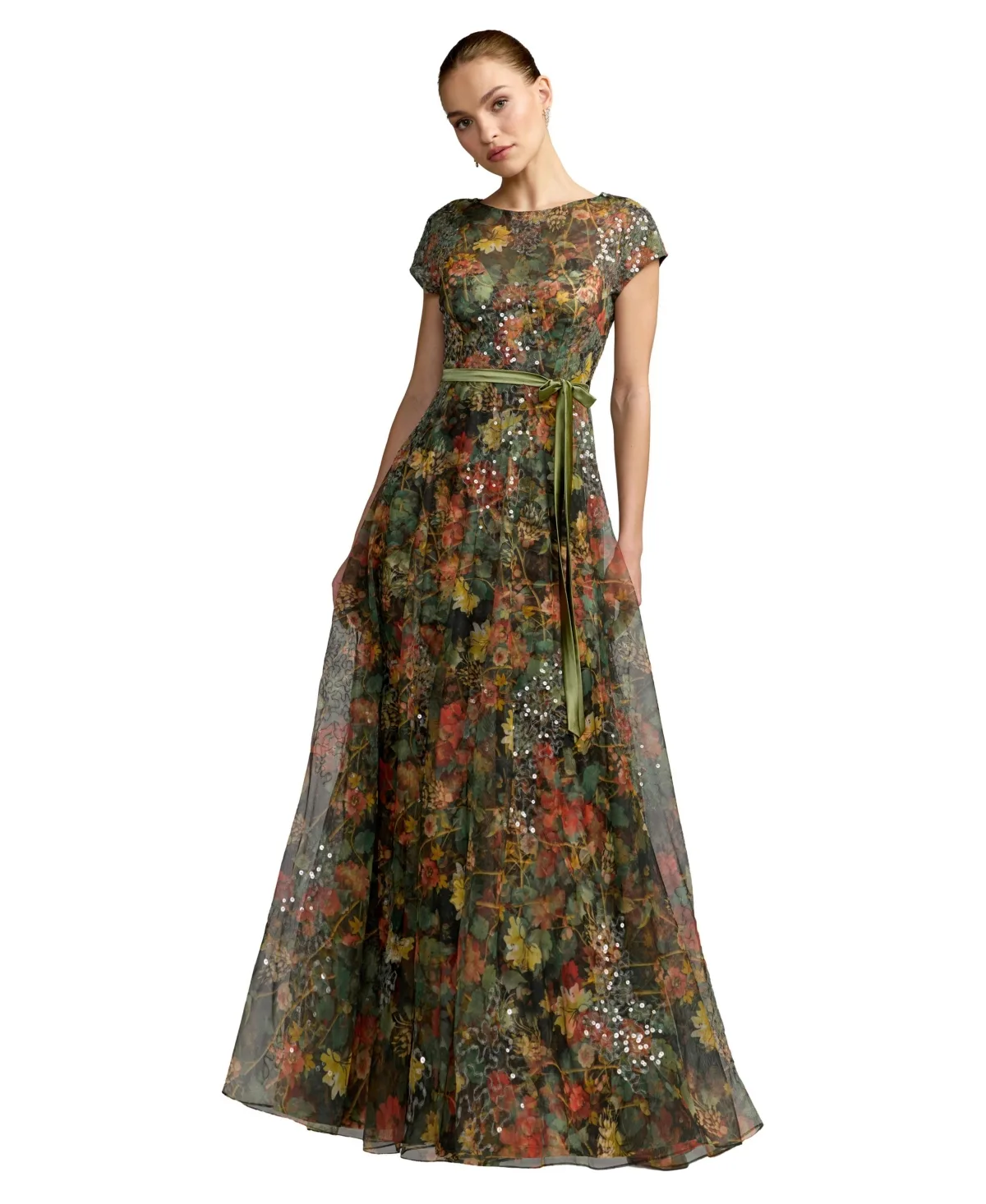 Floral-Print Sequin Belted A-Line Gown by M.A.C.