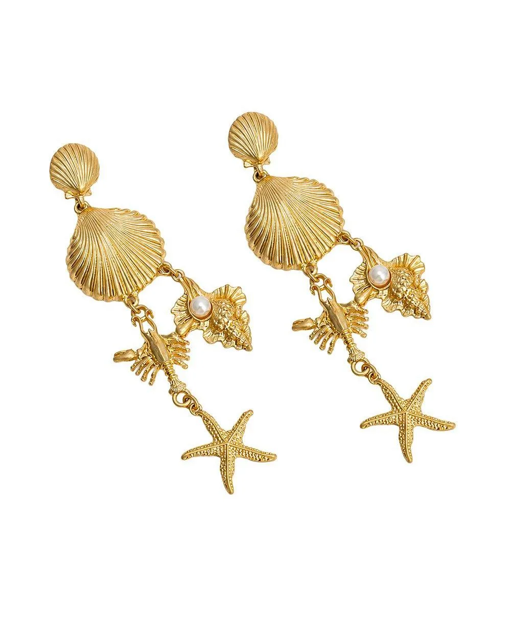 Faux Pearl/Gold-Tone Shell and Starfish Charm Drop Earrings by Sohi