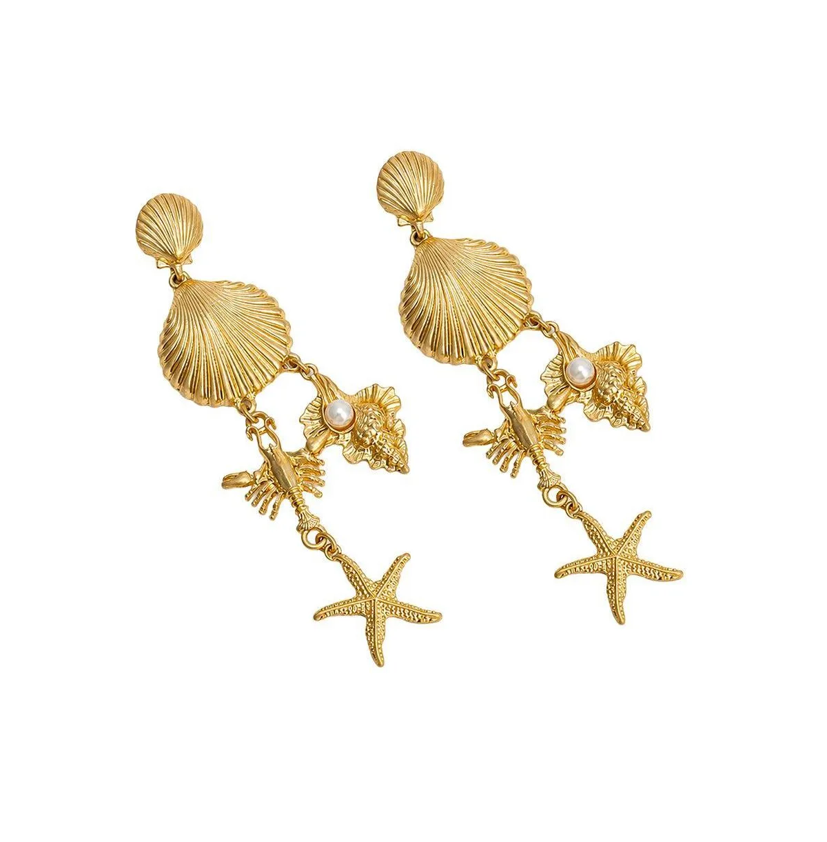 Faux Pearl/Gold-Tone Shell and Starfish Charm Drop Earrings