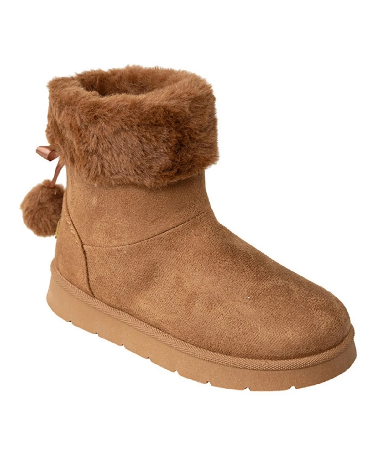 Faux-Fur Cuff Boots with Bow and Pom-Pom Accents by bebe