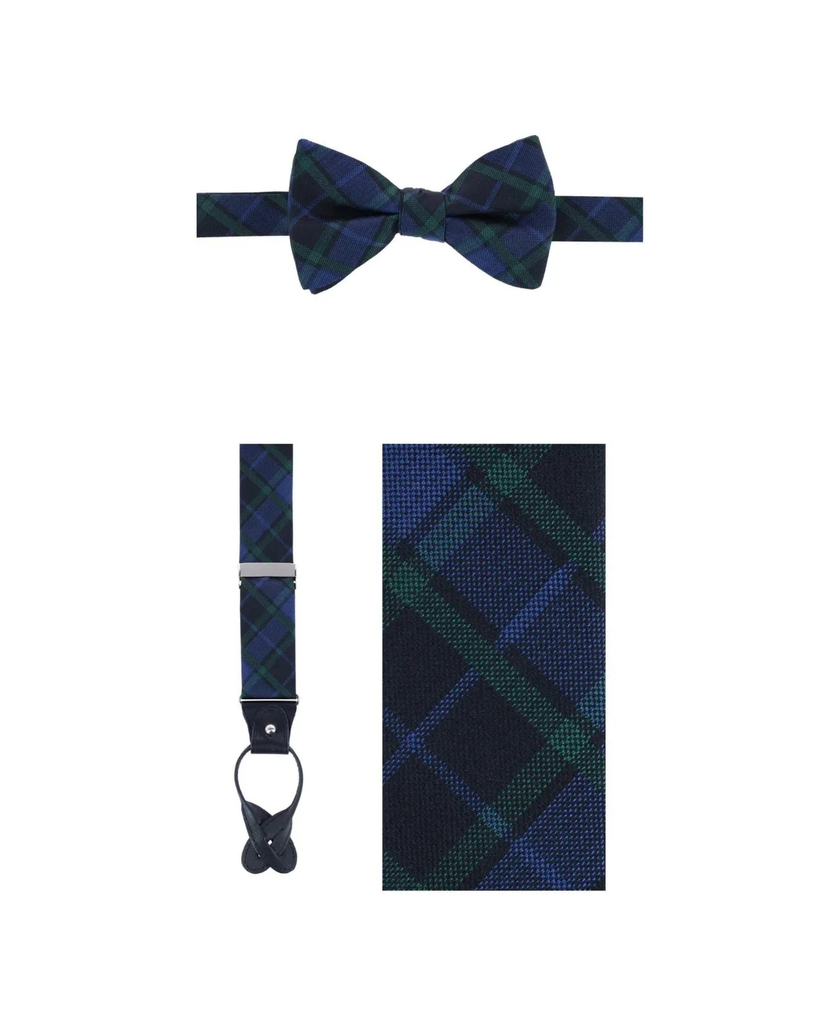 Ives Blackwatch Plaid Silk Adjustable Bow Tie and Suspenders, 2-Piece Set by Trafalgar