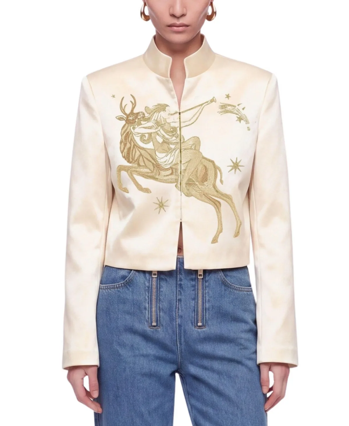 Gold-Thread Embroidered Cropped Satin Jacket by Nocturne