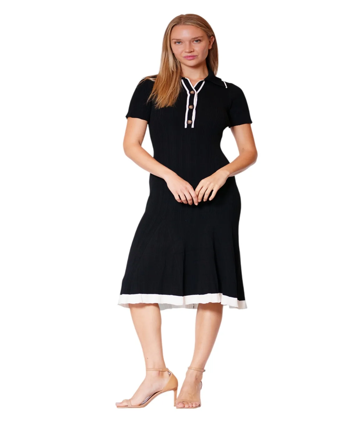 Julia Jordan Short-Sleeve Collared Ribbed Midi Dress by Jordan