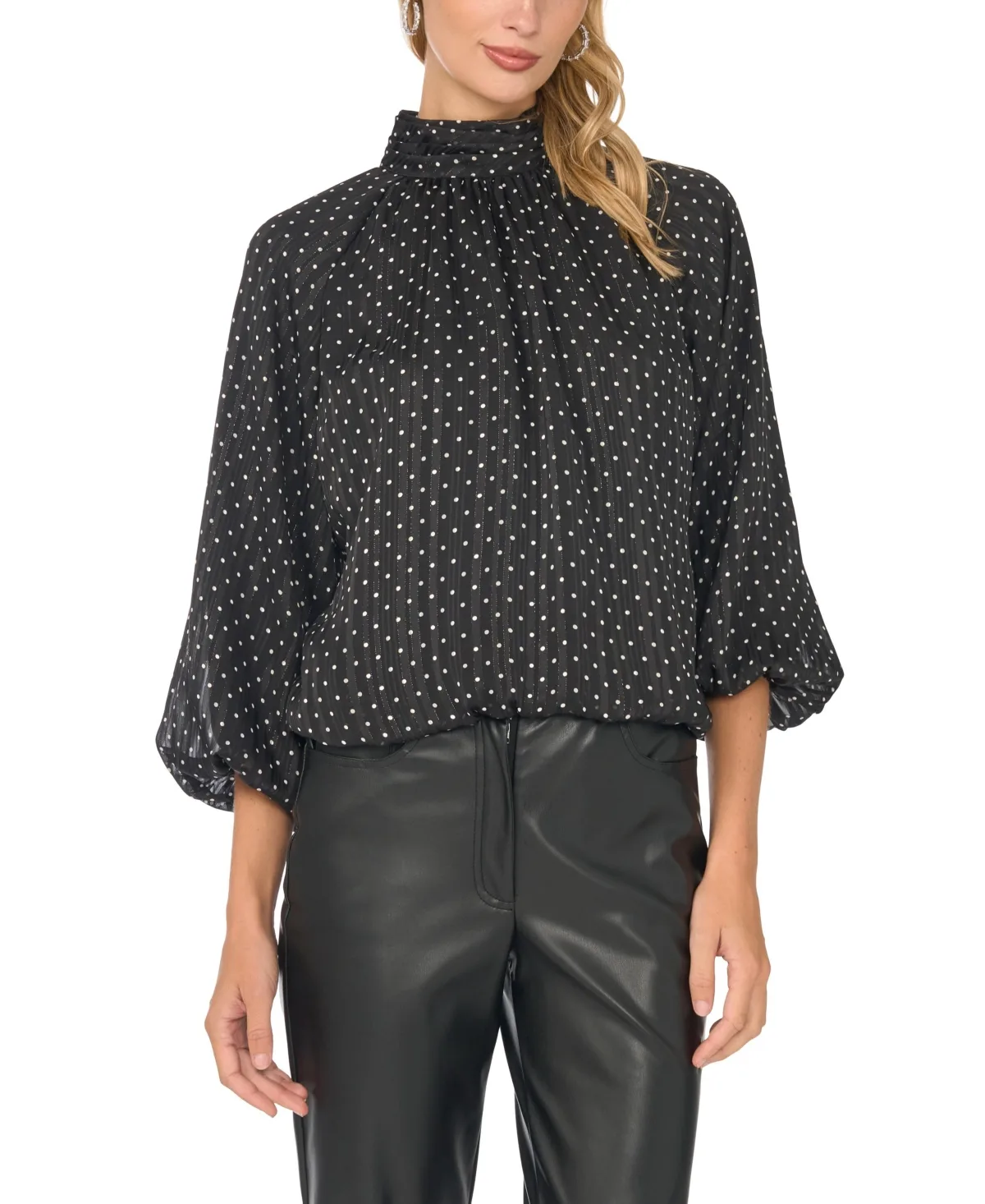 Polka Dot Bubble-Sleeve Mock Neck Blouse by Vince Camuto