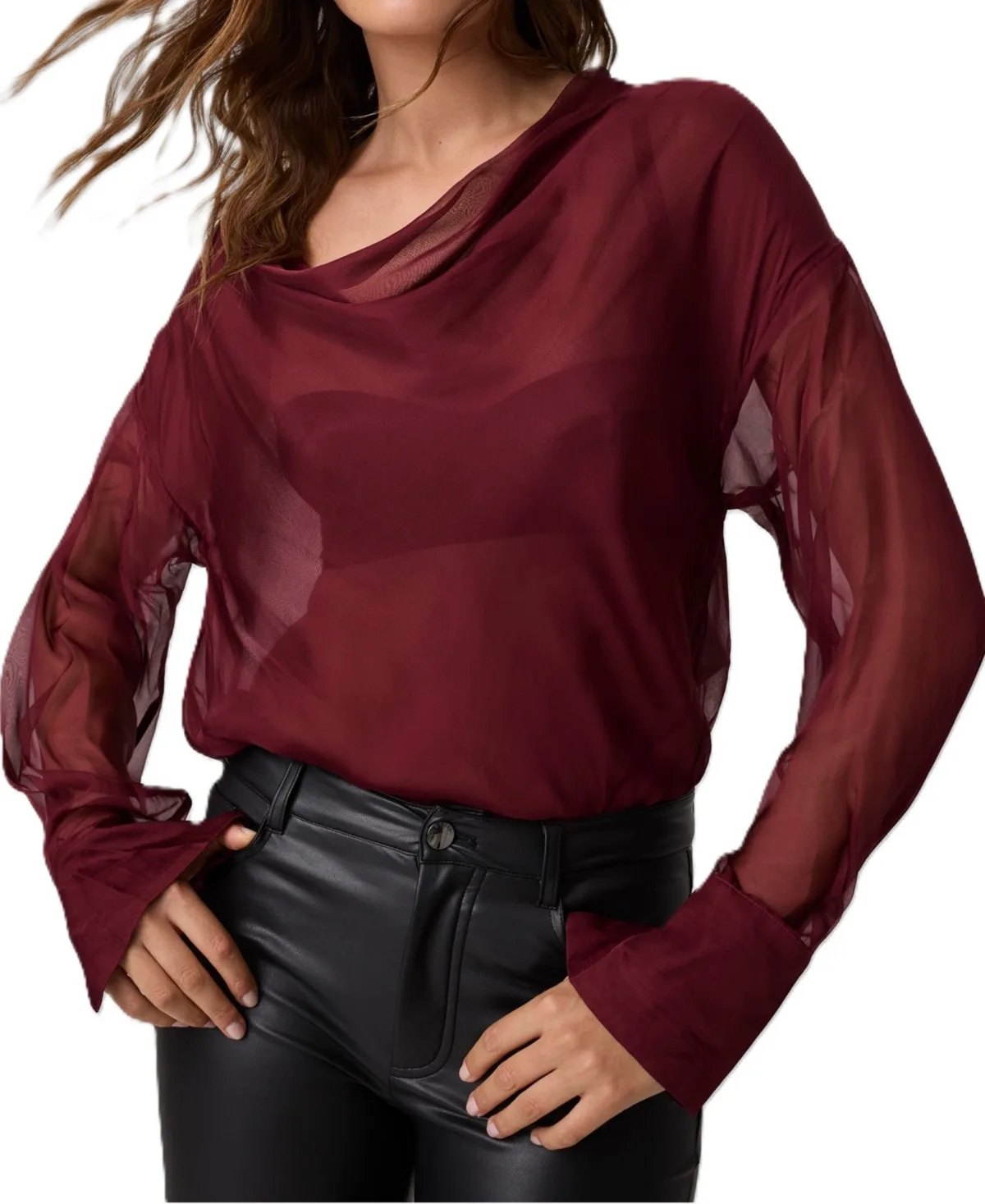 Deep Shawl Long-Sleeve Silk Cowl-Neck Blouse by GUESS