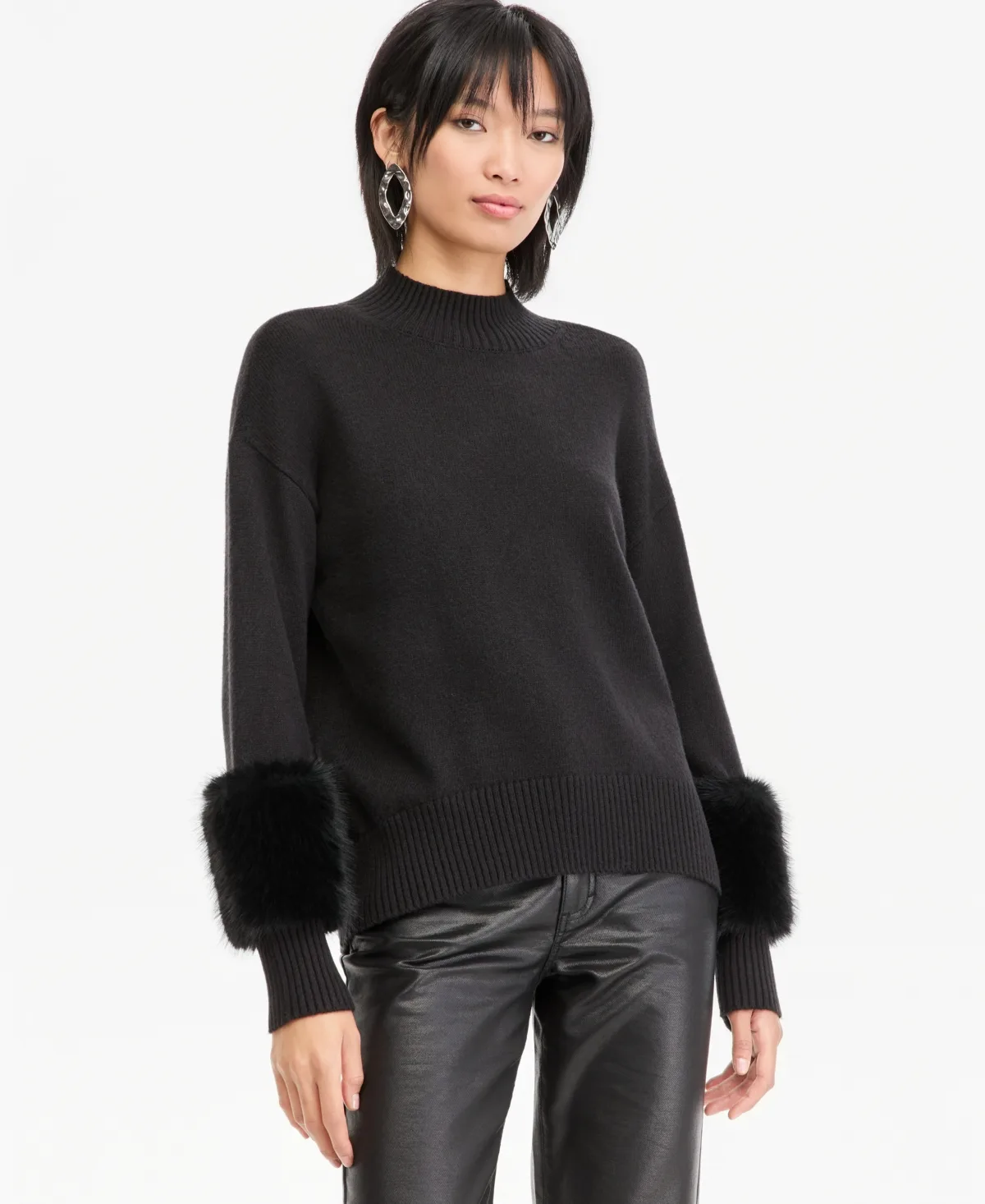 Mock Neck Long-Sleeve Faux Fur-Trim Pullover Sweater by INC International Concepts