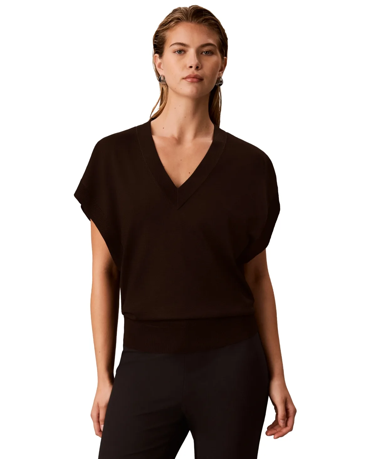 Extended Shoulder V-Neck Sleeveless Fine Gauge Sweater Vest
