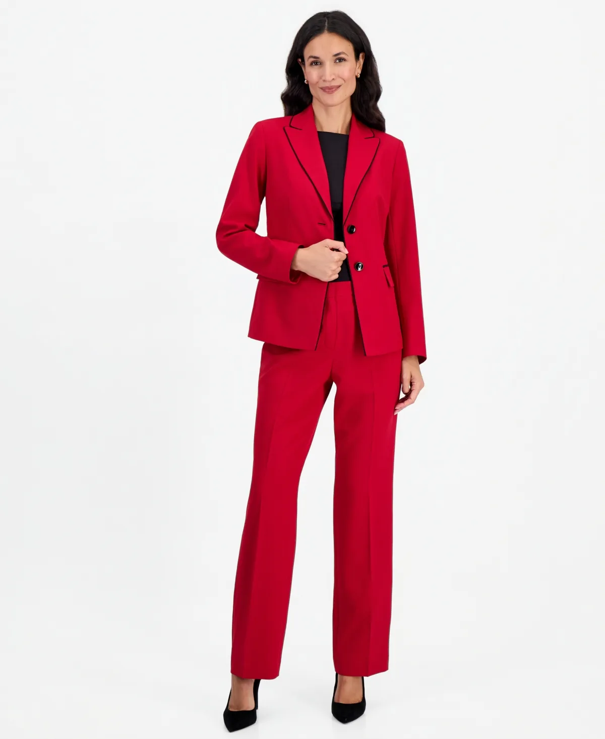 Two-Button Peak-Collar Contrast-Piping Pant Suit, 2-Piece by Le Suit