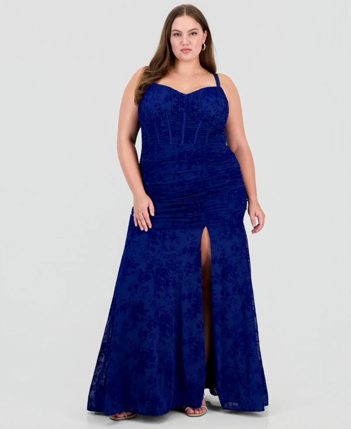 Corset Flocked Mesh V-Neck Gown by Seni & Cade