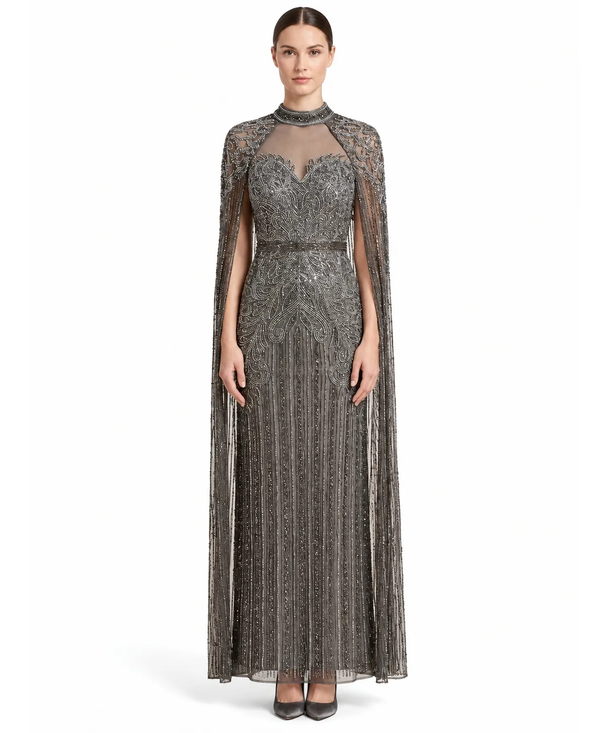 High Neck Beaded Cape Sleeves Gown by Lara