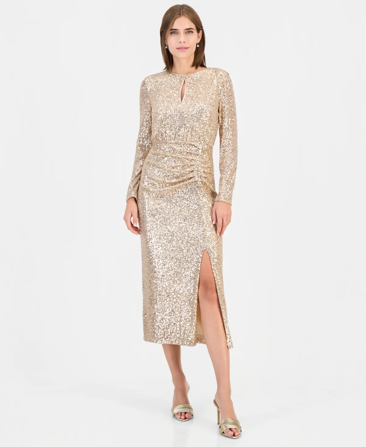 Long-Sleeve Keyhole Sequin Midi Dress by Anne Klein