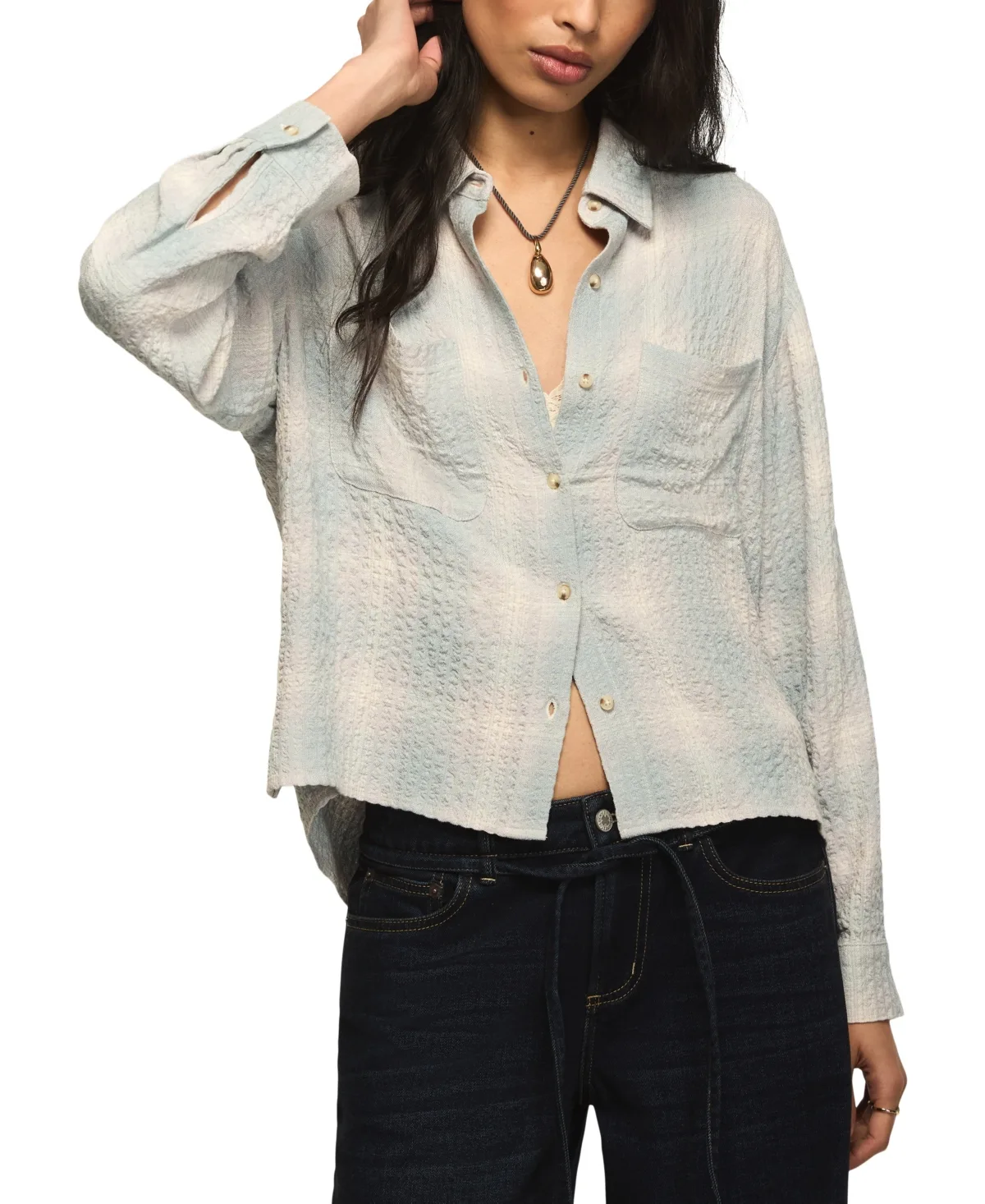 Plaid-Print Cropped Long-Sleeve Blouse by Lucky Brand