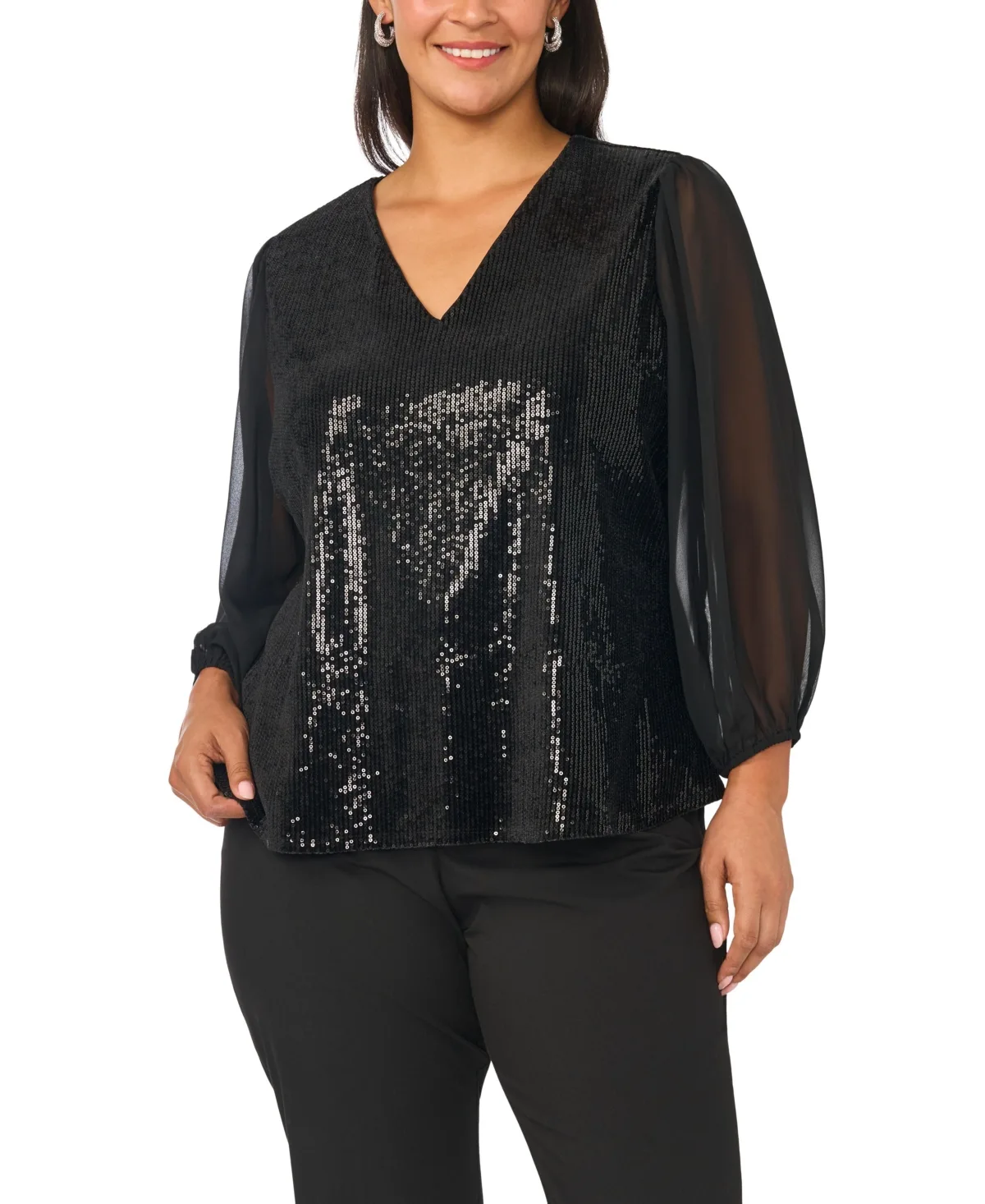 Sequin Long-Sleeve V-Neck Blouse by Vince Camuto