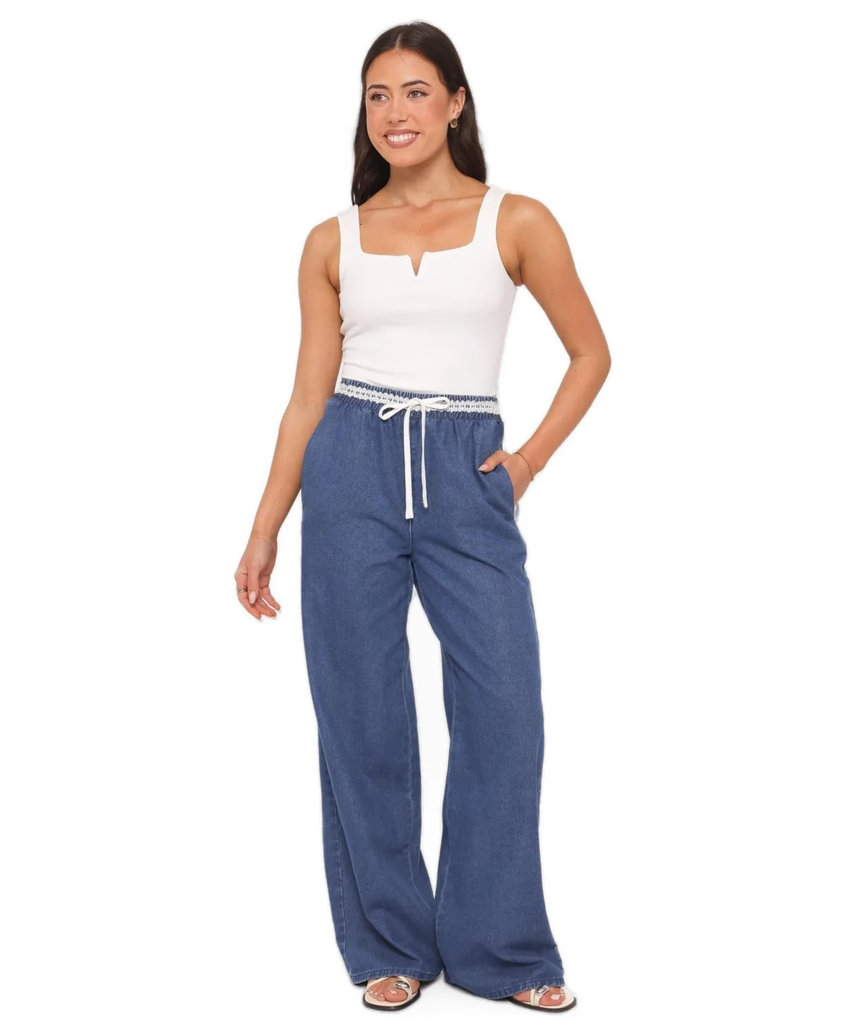 Siun High-Rise Wide-Leg Pull-On Denim Joggers by Petal and Pup