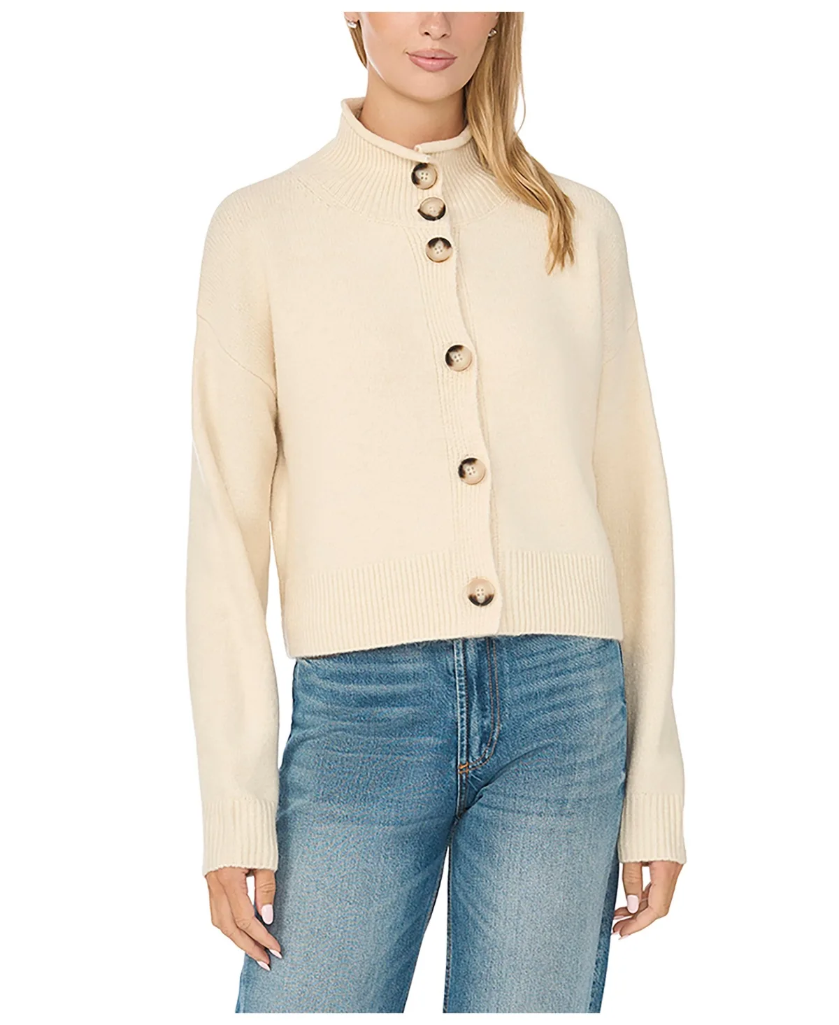 Chunky Mock-Neck Long-Sleeve Cardigan Sweater