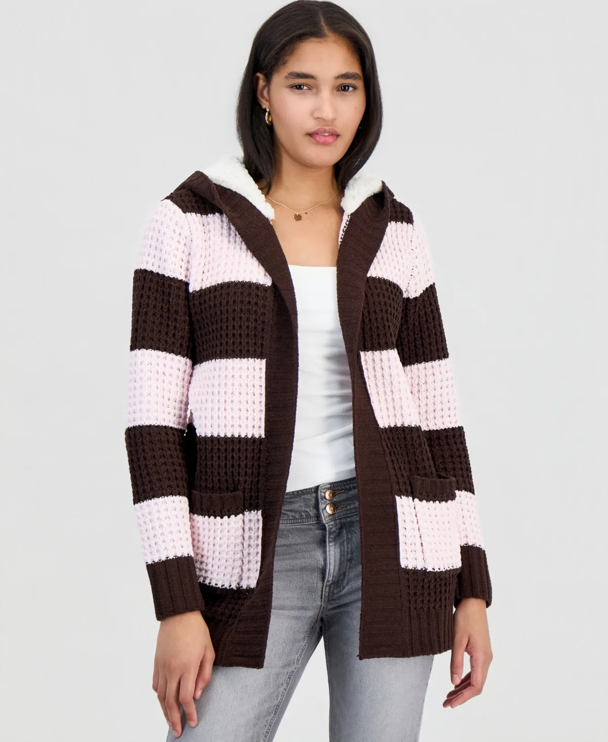 Hooded Sherpa Striped Cardigan by Madden Girl