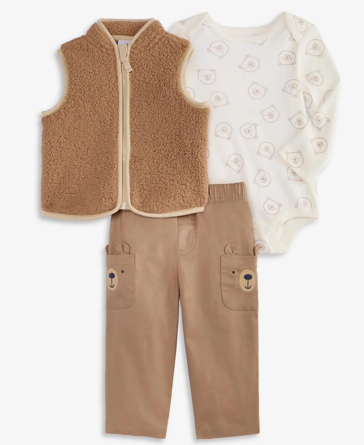 Faux-Sherpa Bear-Print Vest, Bodysuit, and Pants, 3-Piece Set by First Impressions
