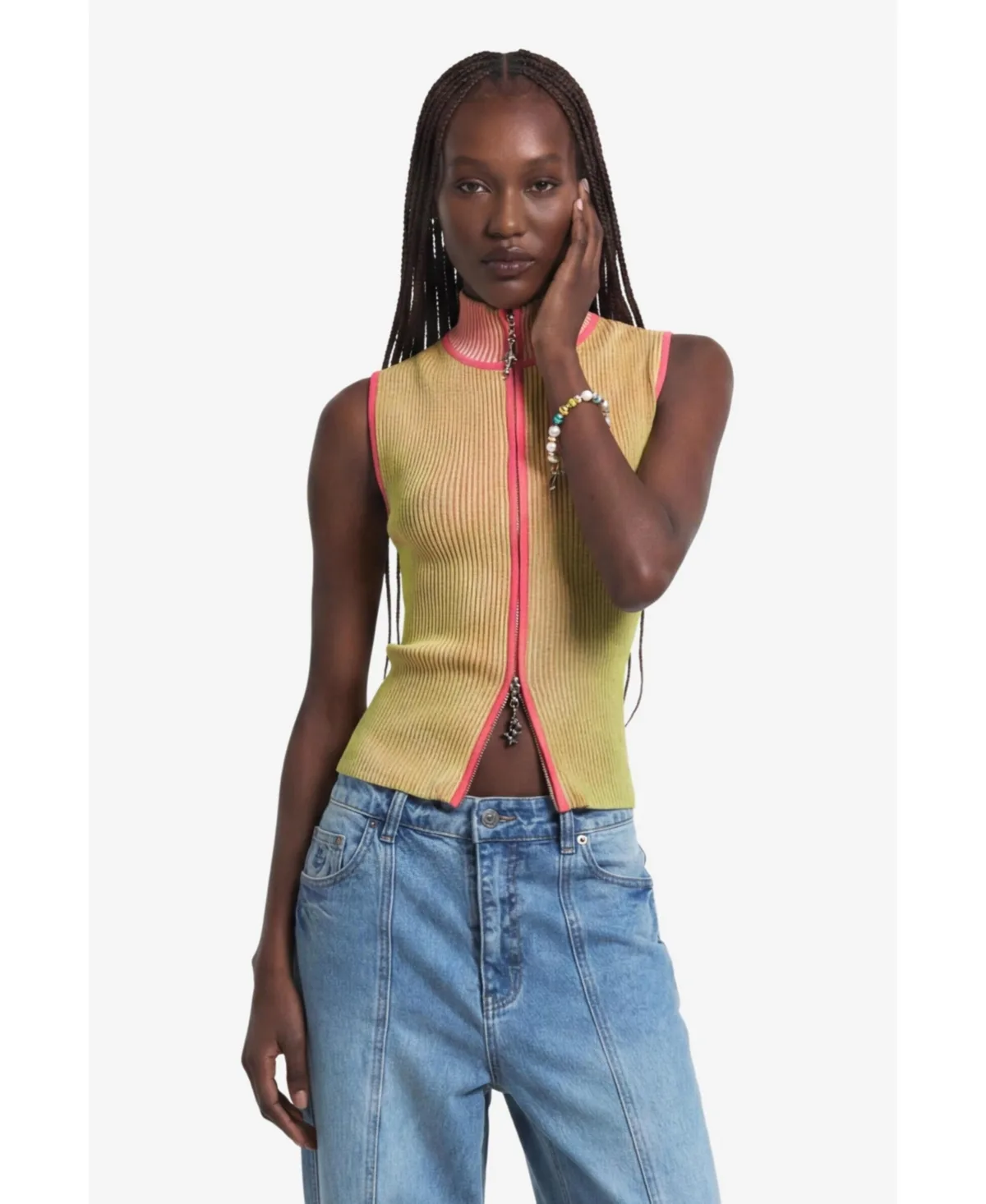 Halter Neck Iridescent Knit Zip-Front T-Shirt by Desigual