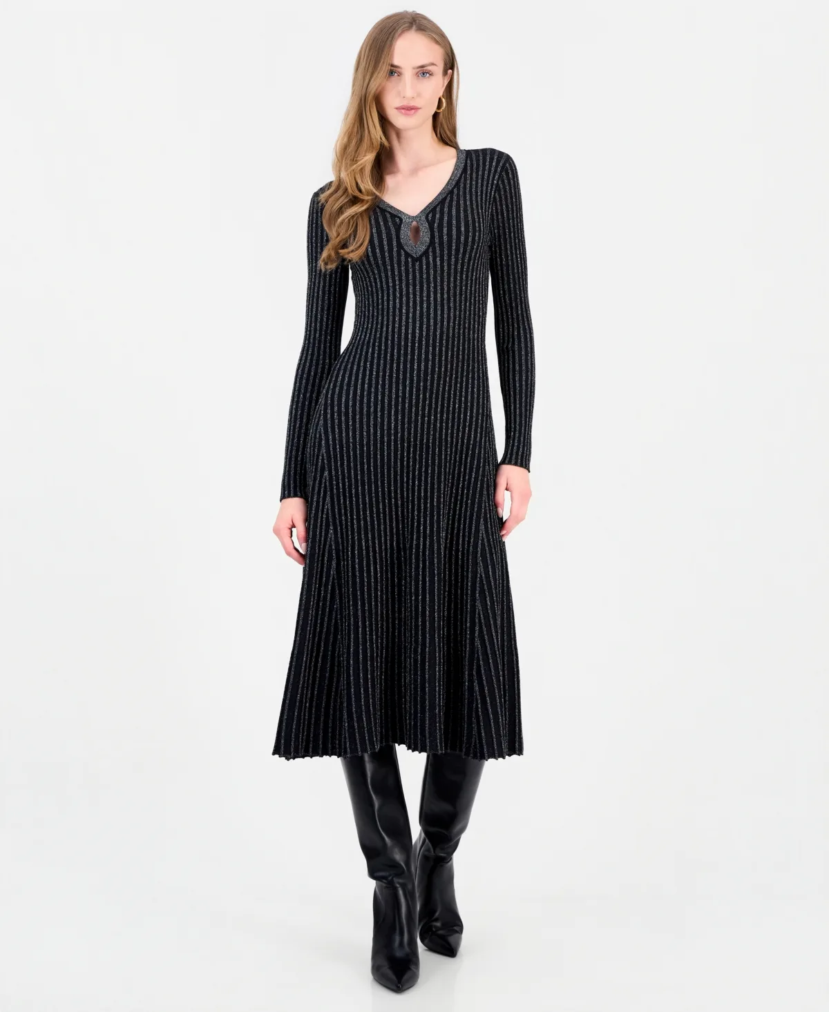 Freya Lurex Ribbed V-Neck Dress by Elie Tahari