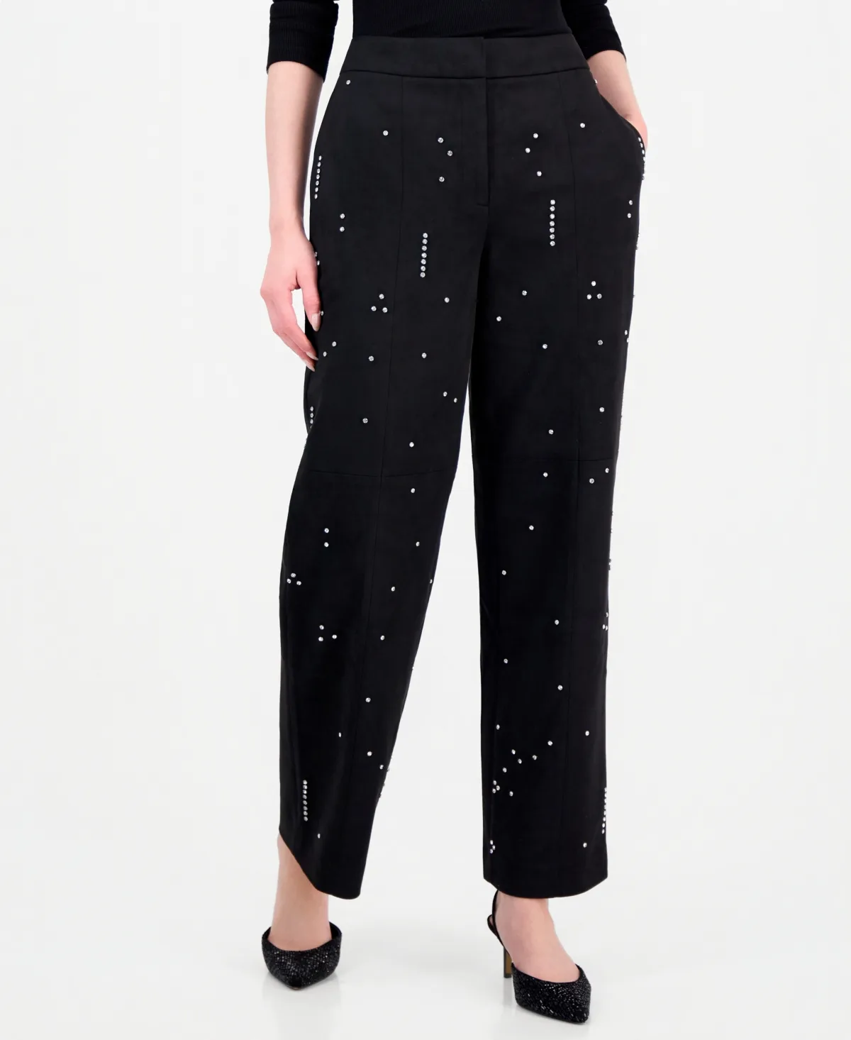 Amara Embellished High-Waisted Faux Suede Wide-Leg Pants