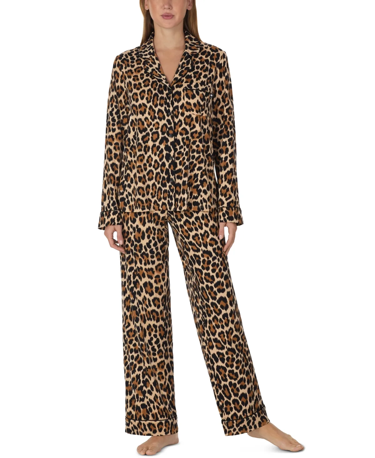 Long-Sleeve Notch Collar Brushed Jersey Long Pant Pajama Set