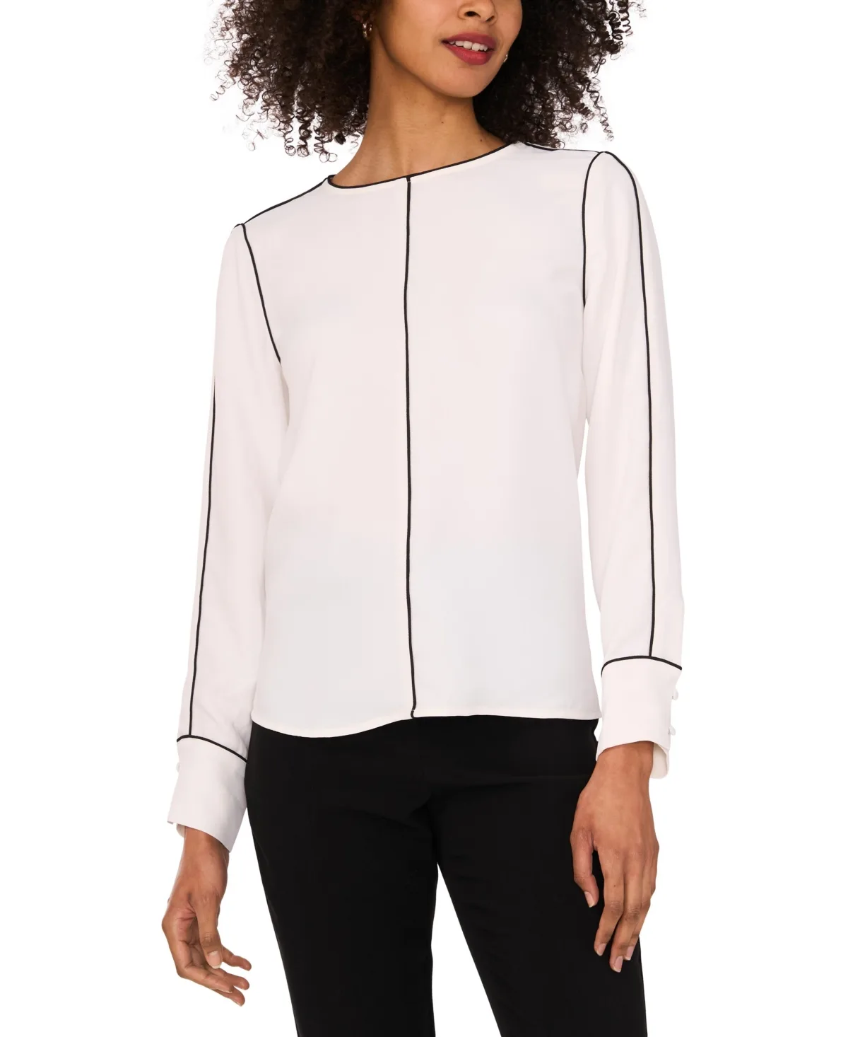 Crewneck Long-Sleeve Piping Blouse by Vince Camuto