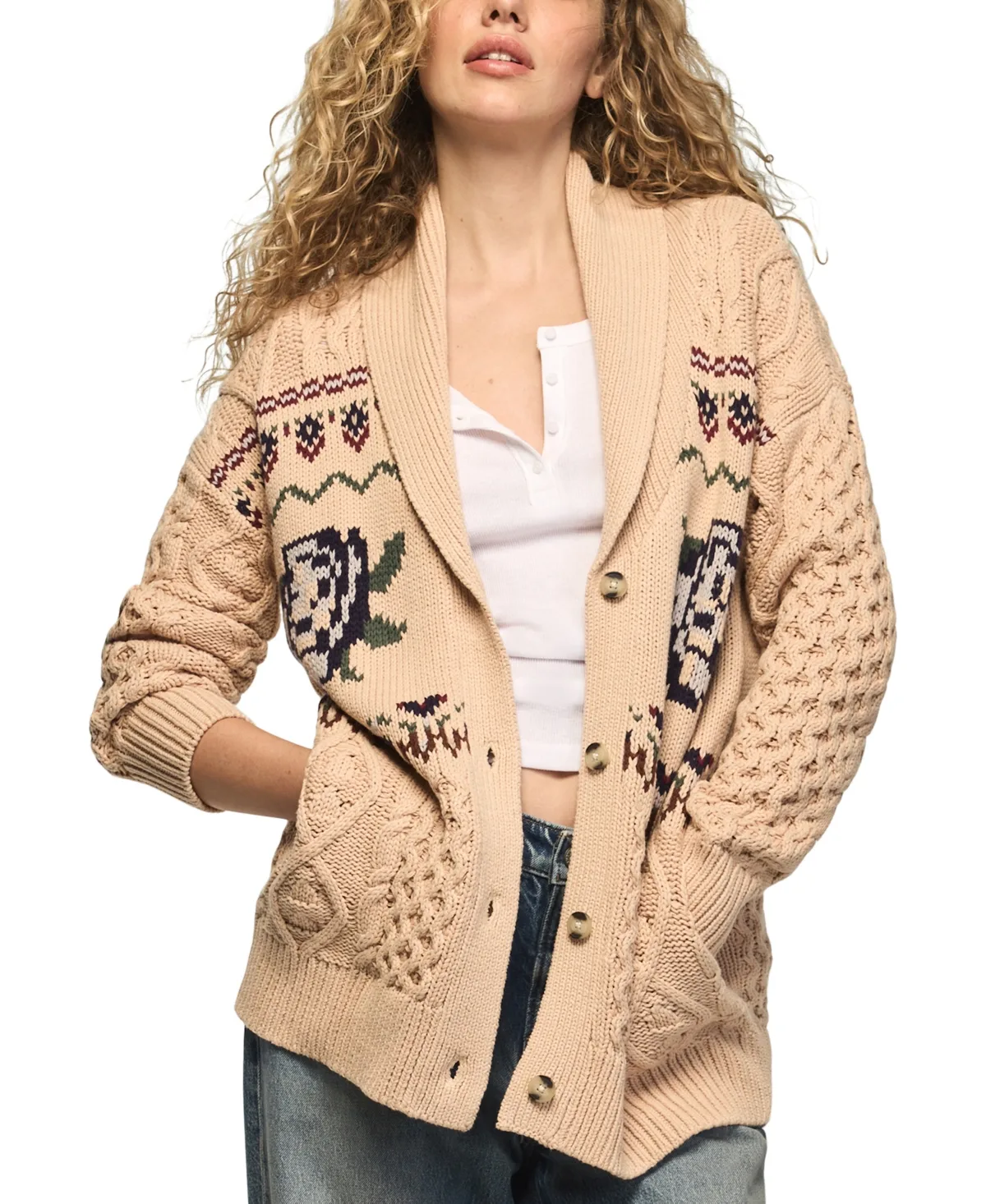 Floral Fair Isle Shawl Collar Cardigan by Lucky Brand