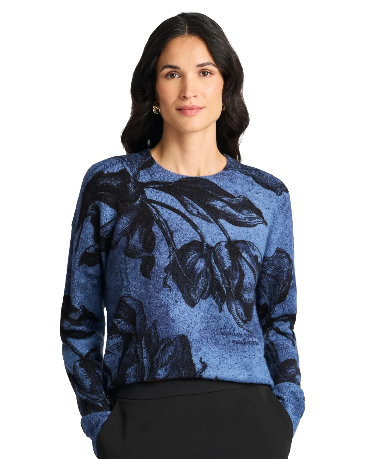Floral-Print Long-Sleeve Crewneck Sweater by Vince Camuto