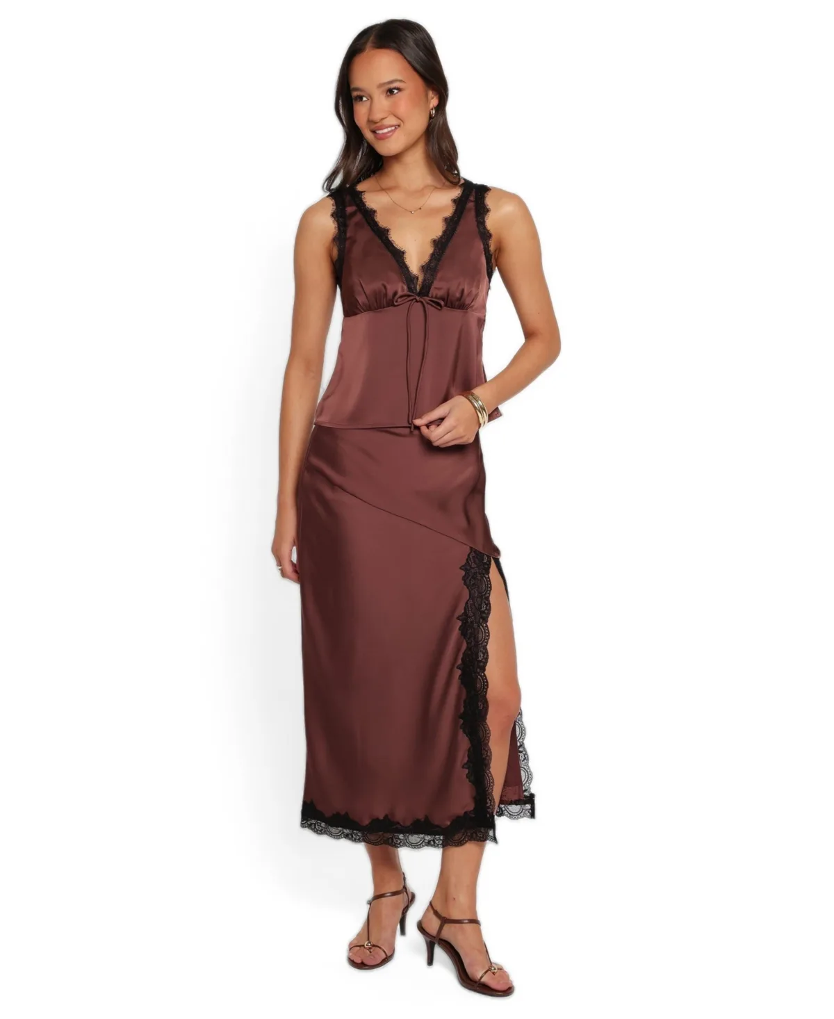 Theoni Slit Front Lace Trim Skirt by Petal and Pup