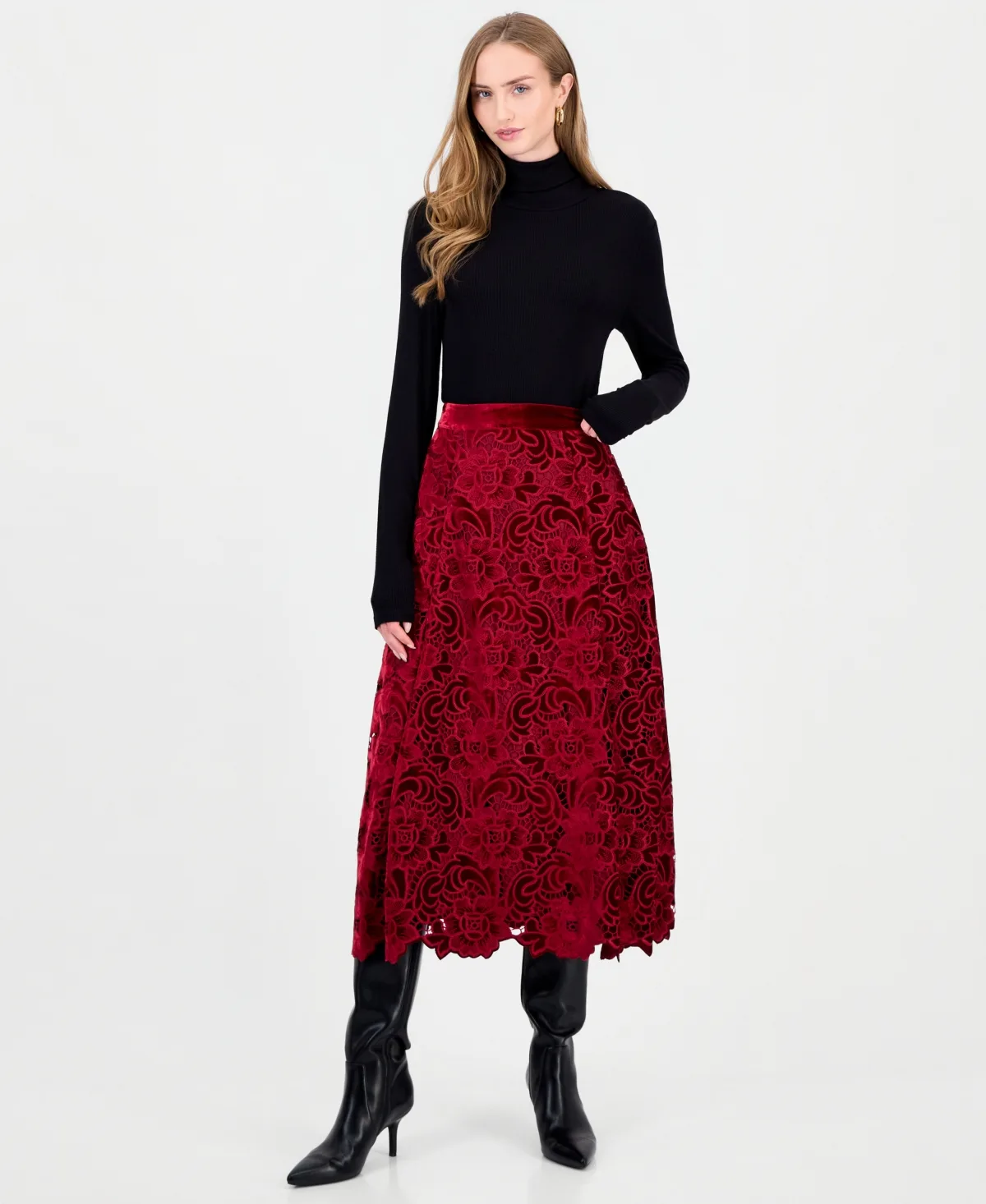 The Elliana Velvet Lace High-Waisted Floral-Print Midi Skirt by Elie Tahari