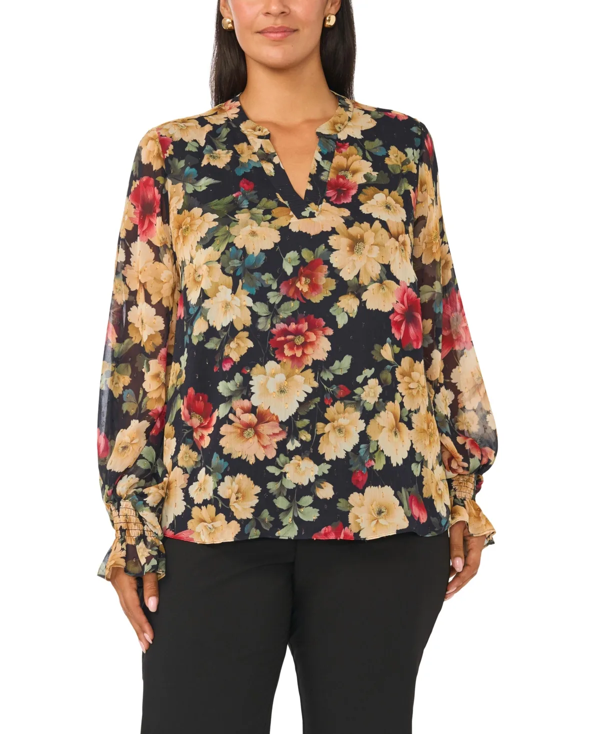 Floral-Print Split Neck Long Sleeve Blouse by Vince Camuto