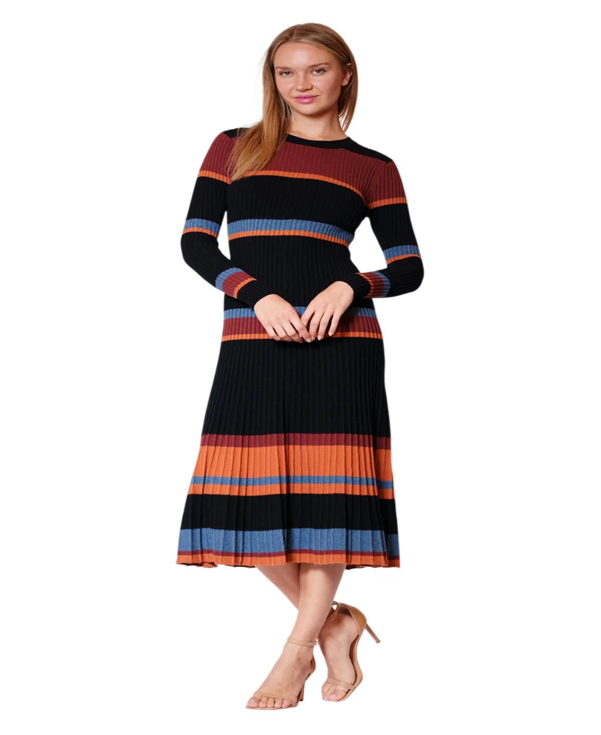 Julia Jordan Striped A-Line Long-Sleeve Midi Sweater Dress by Jordan