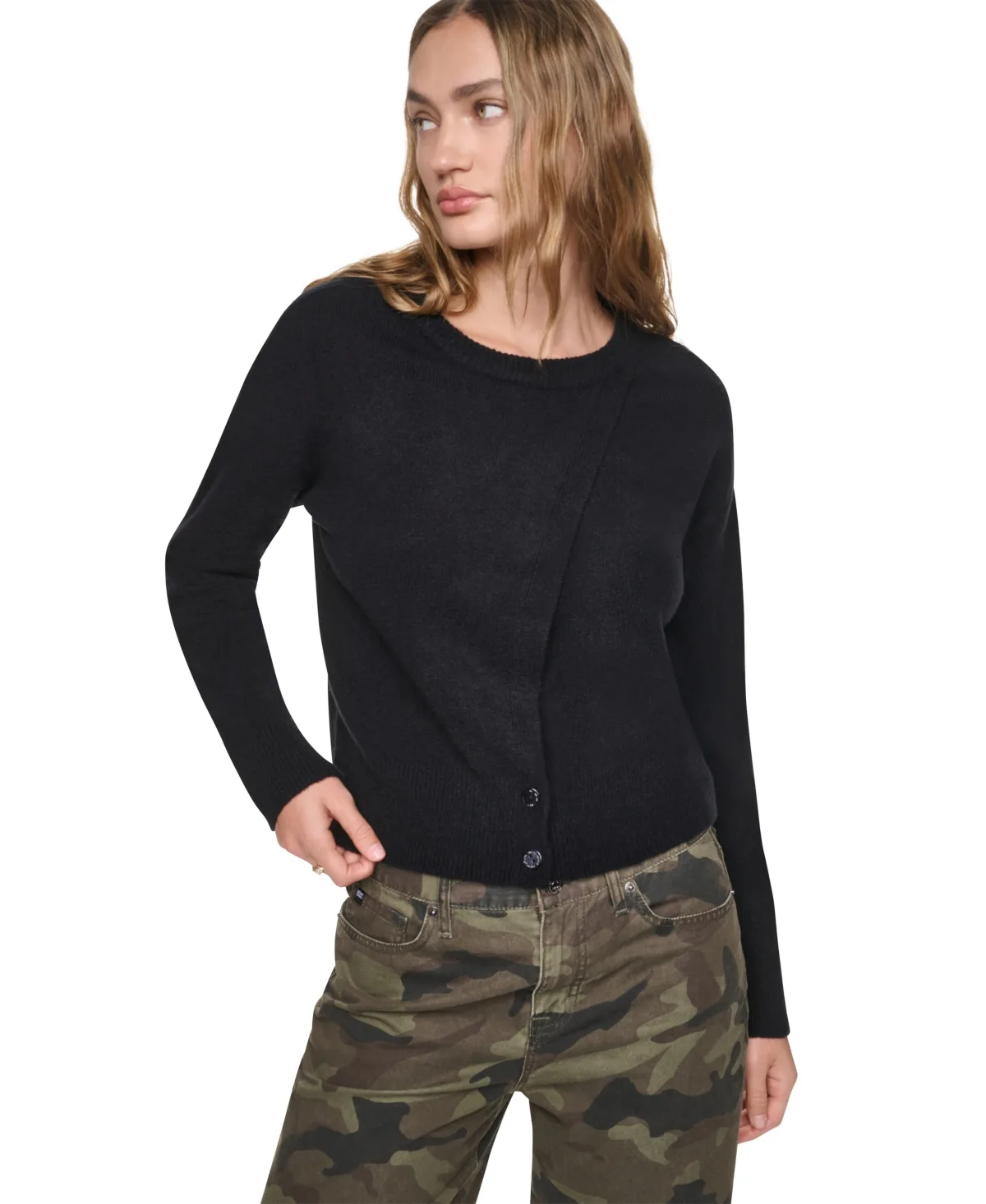 Jeans Crewneck Cardigan with Asymmetric Closure by DKNY